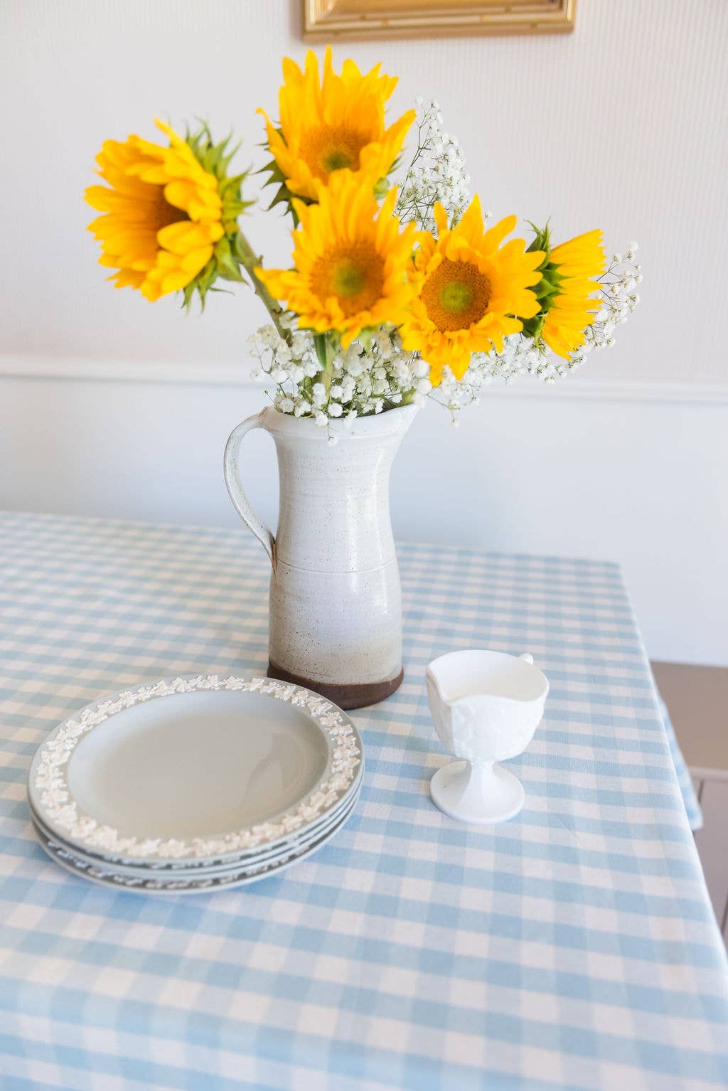 Blue Ruffled Gingham Tablecloth: 60" x 120"