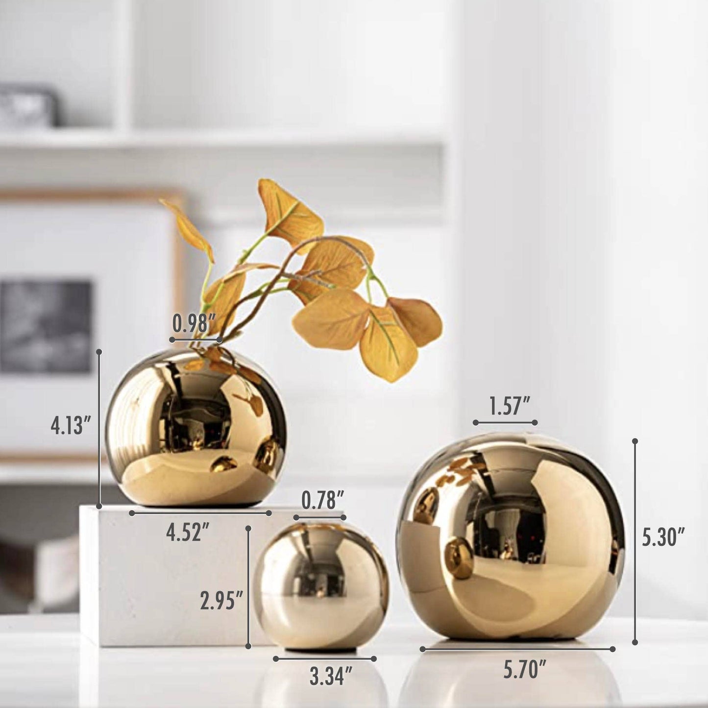 Gold Globe Vase Set of 3, Round Vase Home Decor, Bud Vase
