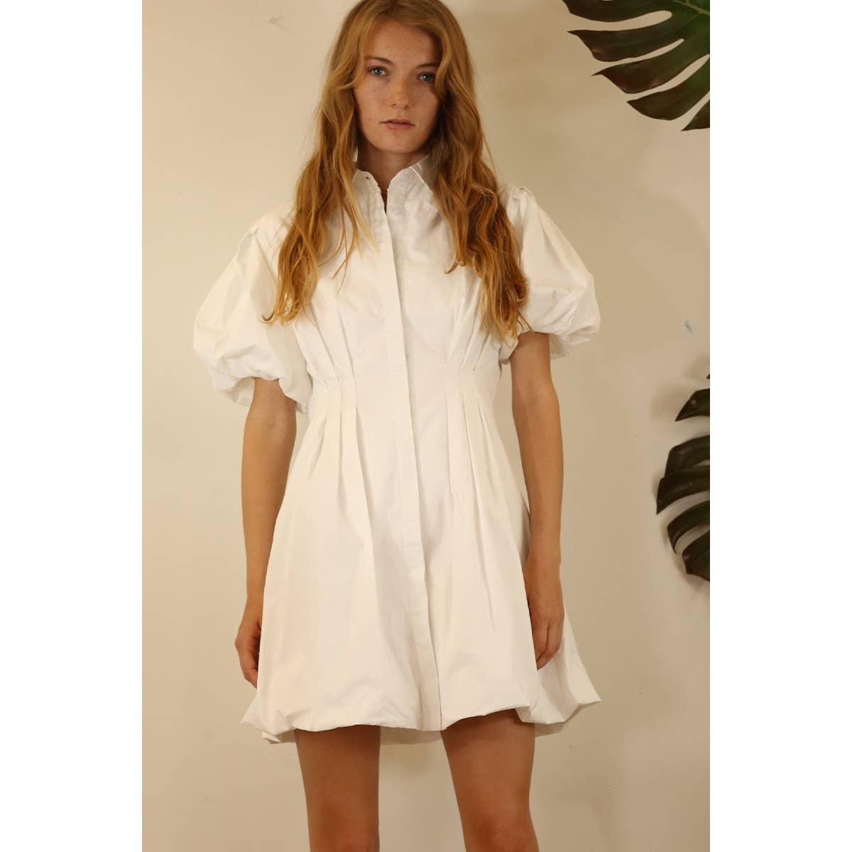 BALLOON PUFF MINI DRESS: WHITE / L