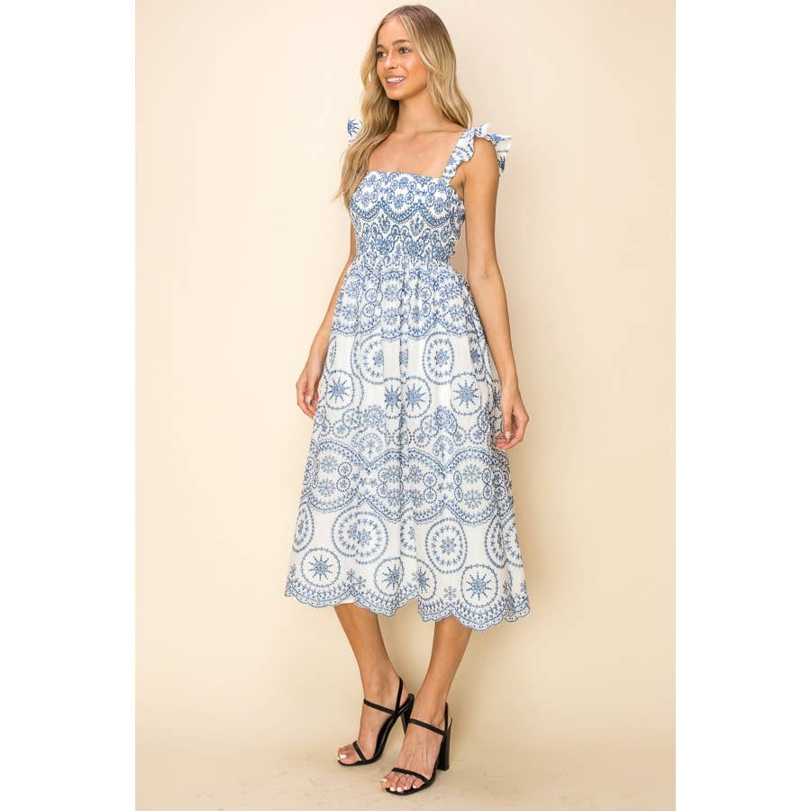 Sleeveless Openwork Embroidered eyelet midi Dress: L / GREEN