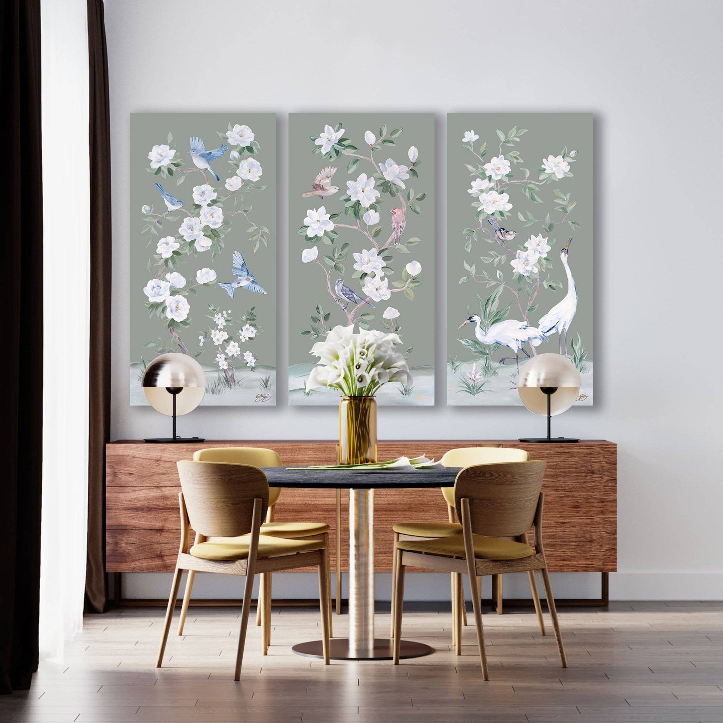 Songbirds and Magnolias, a green chinoiserie canvas wrap: 15x30 inch