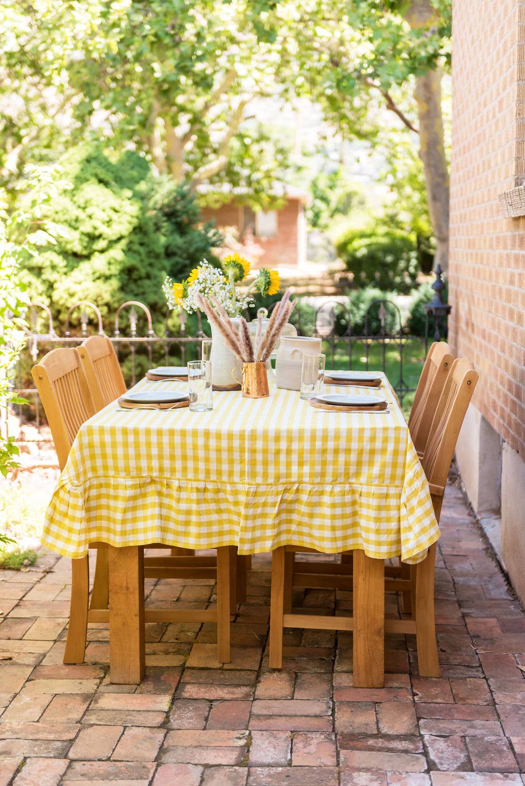 Yellow Ruffled Gingham Tablecloth: 60" x 120"