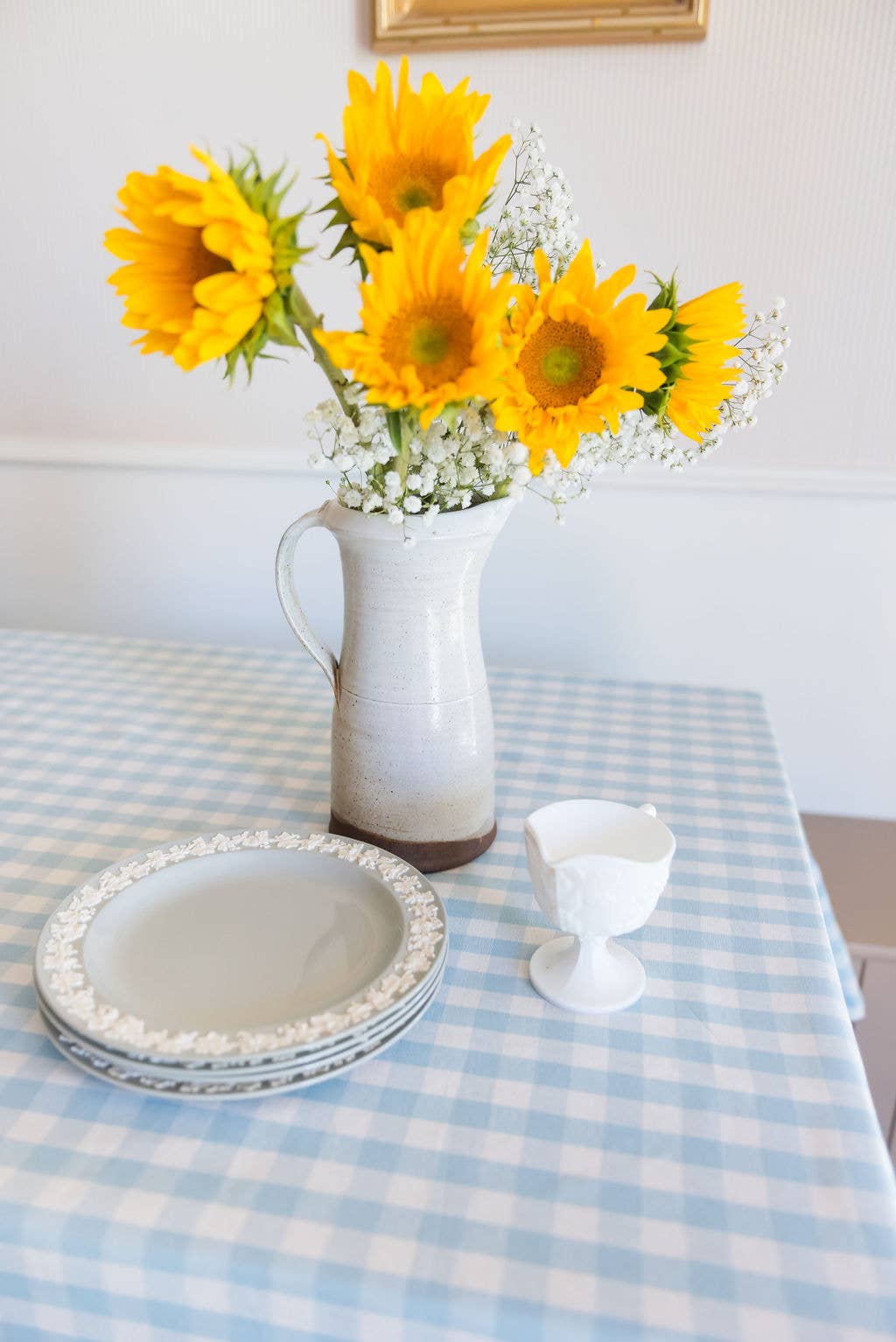 Blue Ruffled Gingham Tablecloth: 60" x 120"