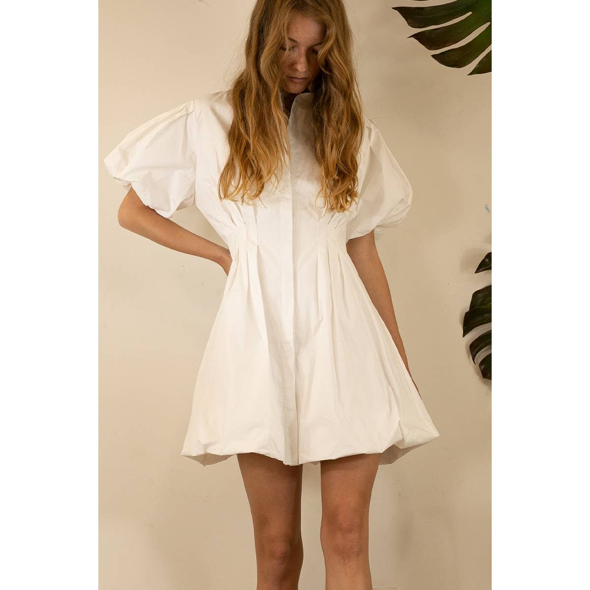 BALLOON PUFF MINI DRESS: WHITE / L