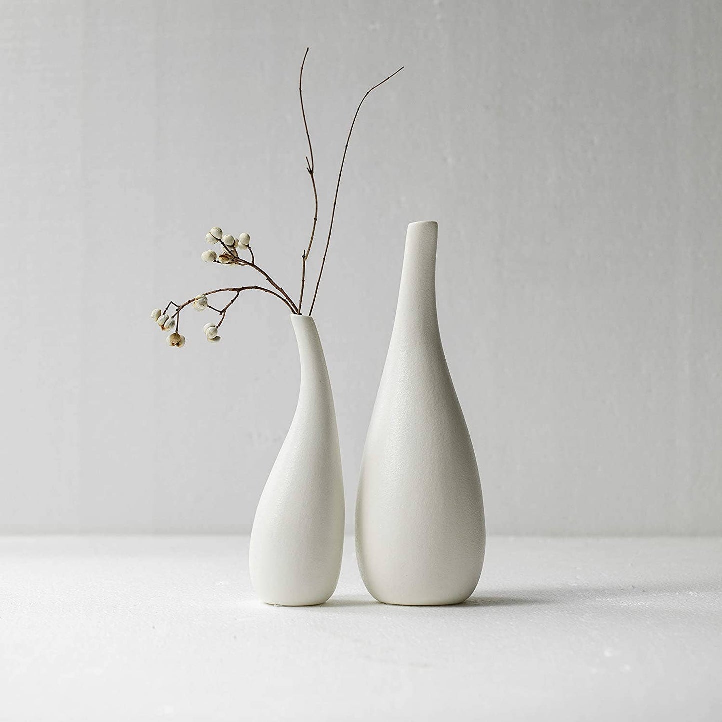 Set 2 Ceramic Vase White Modern Bud Vase Decor, Fire Mantle