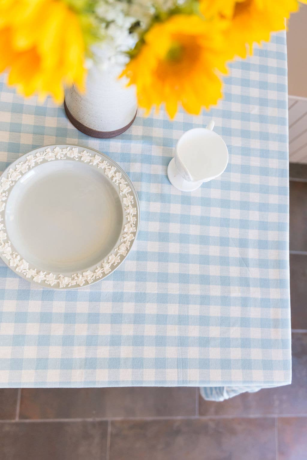 Blue Ruffled Gingham Tablecloth: 60" x 120"