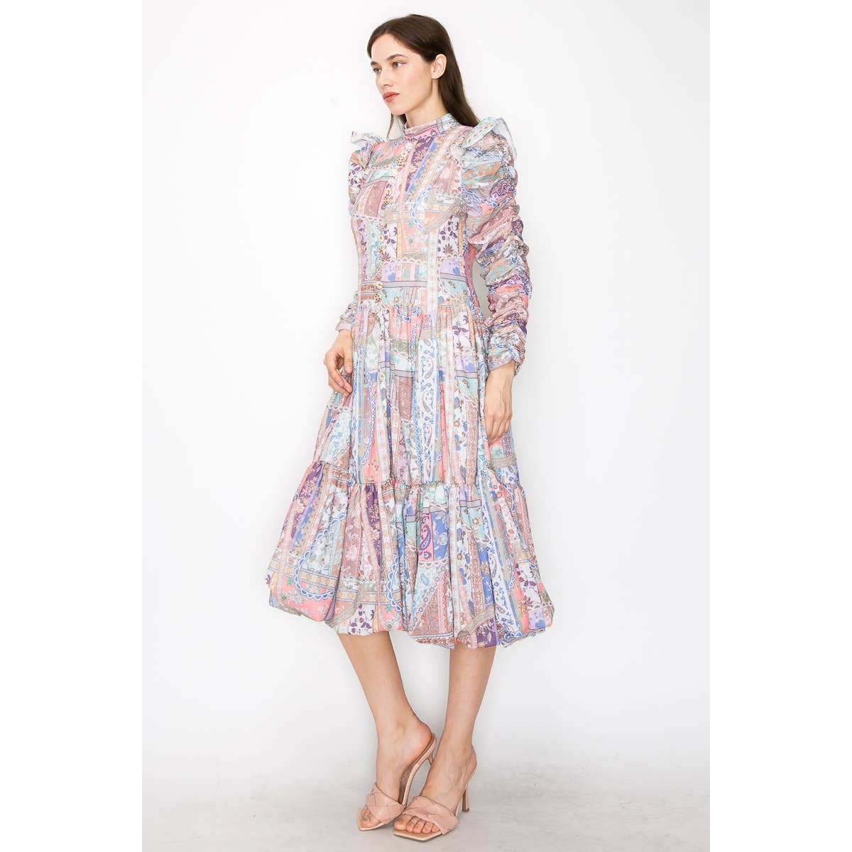 Floral Buttons Ruched Sleeves Midi Dress: MULTI / L