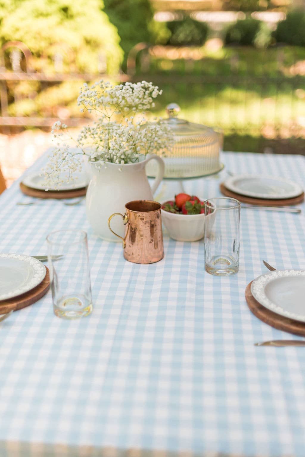 Blue Ruffled Gingham Tablecloth: 60" x 120"