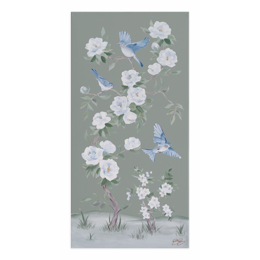 Bluebirds and Peonies, a green chinoiserie canvas wrap: 15x30 inch