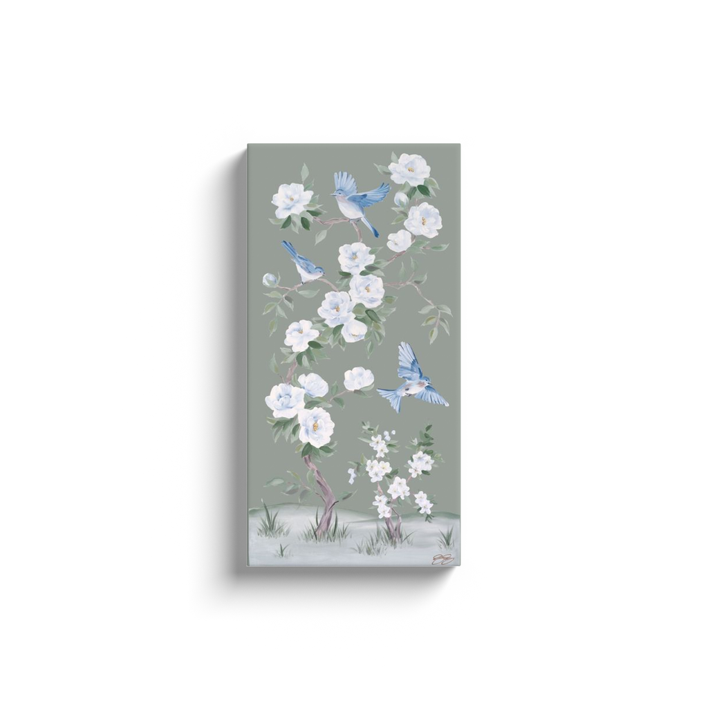 Bluebirds and Peonies, a green chinoiserie canvas wrap: 15x30 inch