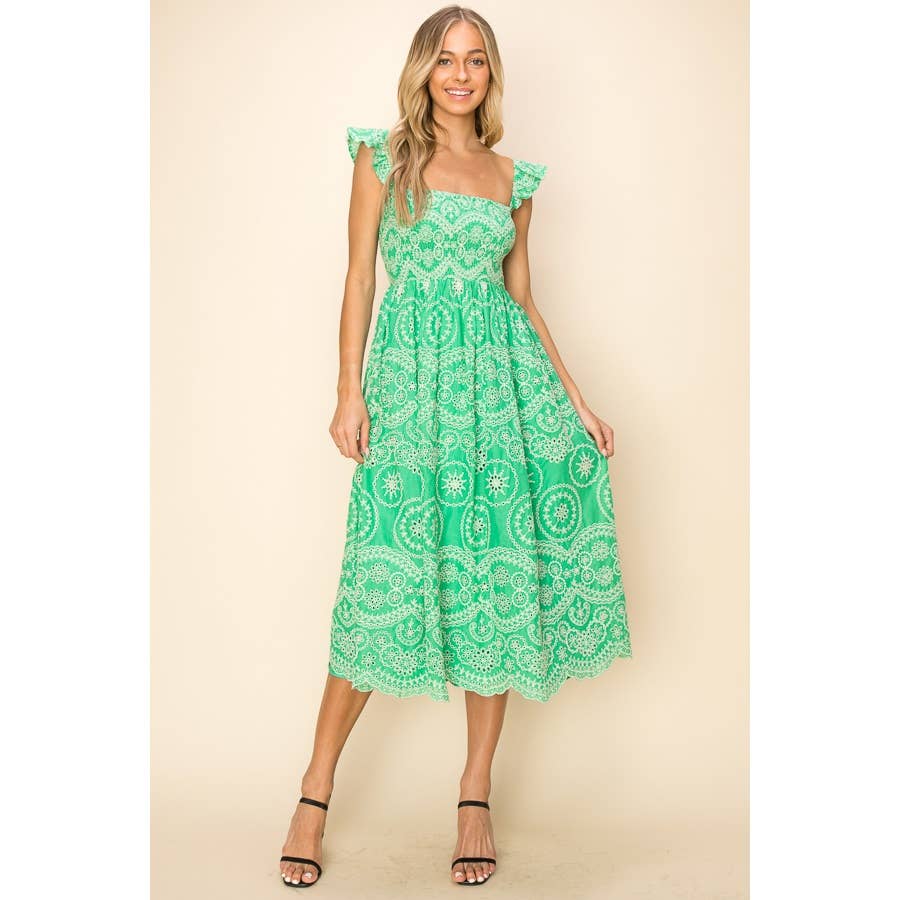 Sleeveless Openwork Embroidered eyelet midi Dress: S / GREEN