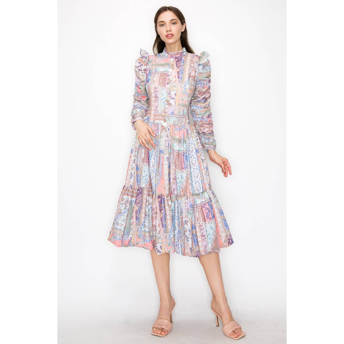 Floral Buttons Ruched Sleeves Midi Dress: MULTI / L