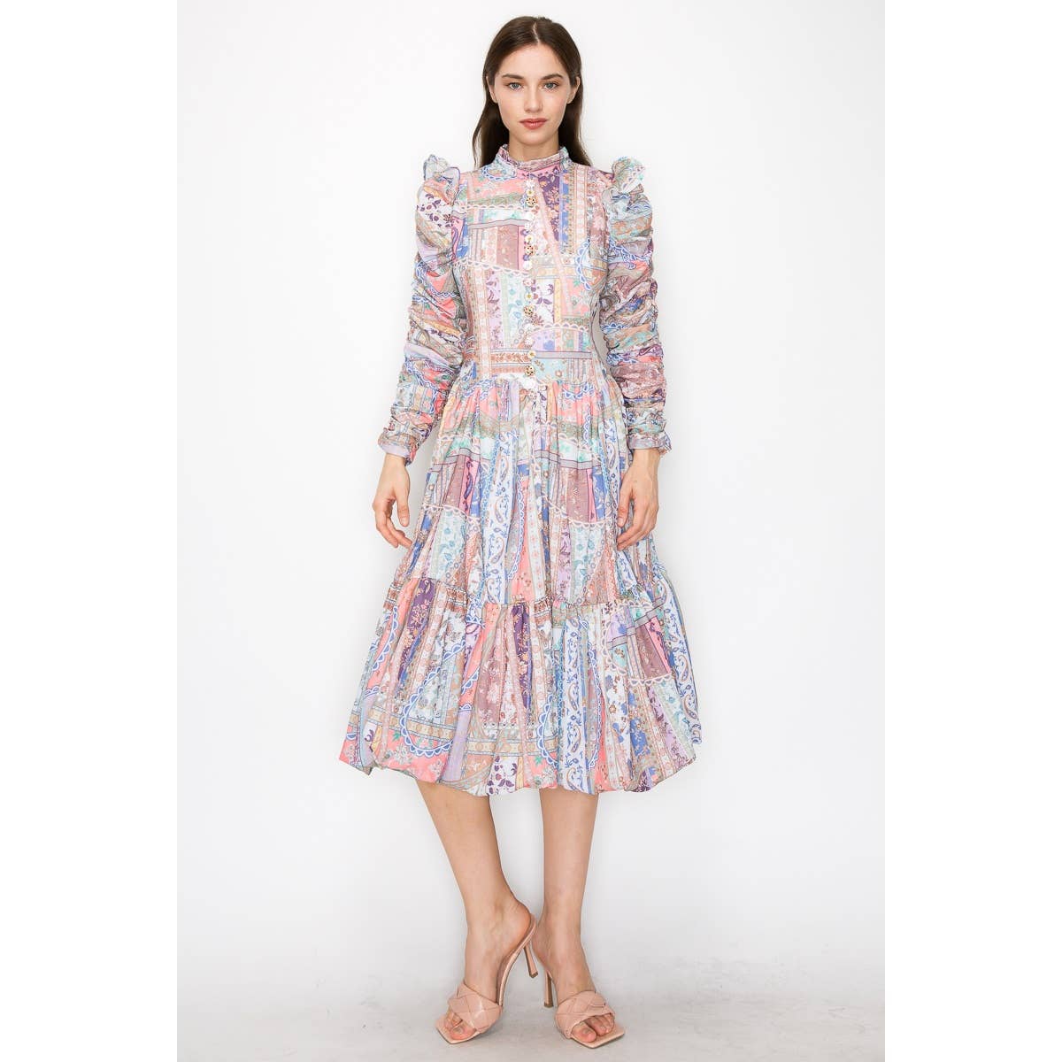 Floral Buttons Ruched Sleeves Midi Dress: MULTI / L