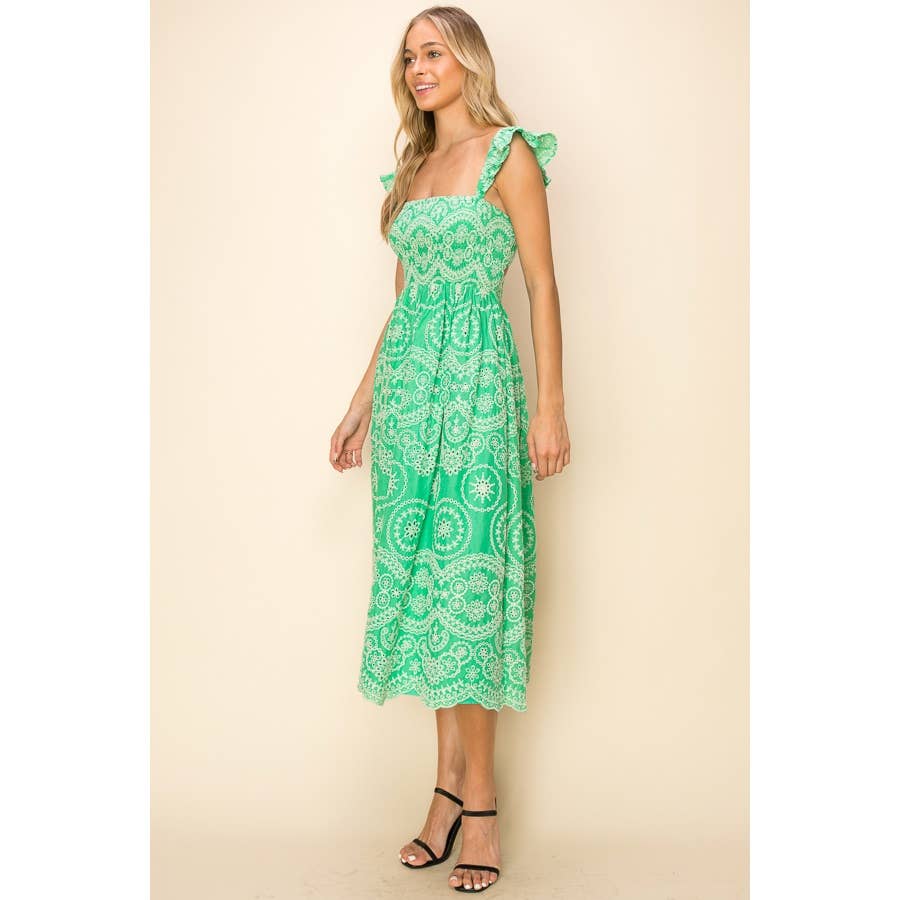 Sleeveless Openwork Embroidered eyelet midi Dress: S / GREEN