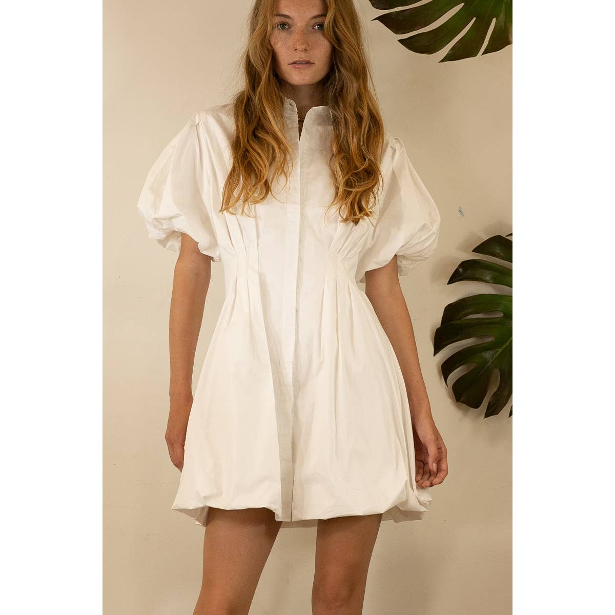 BALLOON PUFF MINI DRESS: WHITE / L