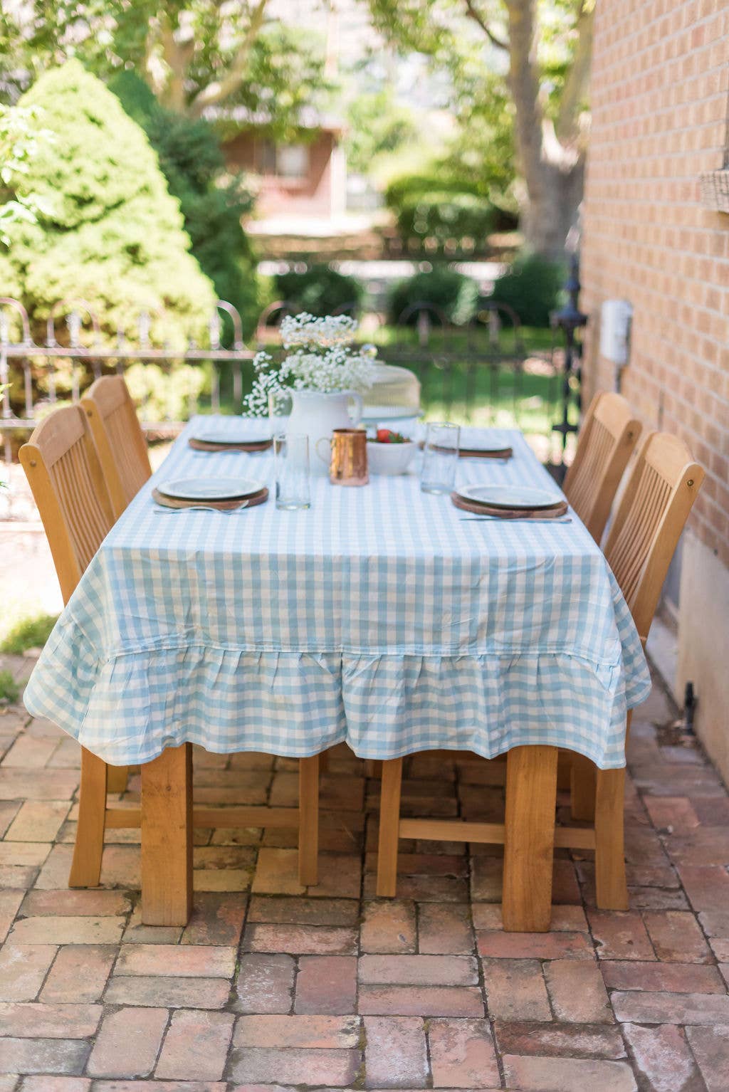 Blue Ruffled Gingham Tablecloth: 60" x 120"