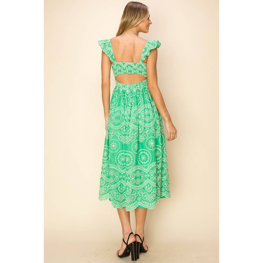 Sleeveless Openwork Embroidered eyelet midi Dress: L / GREEN