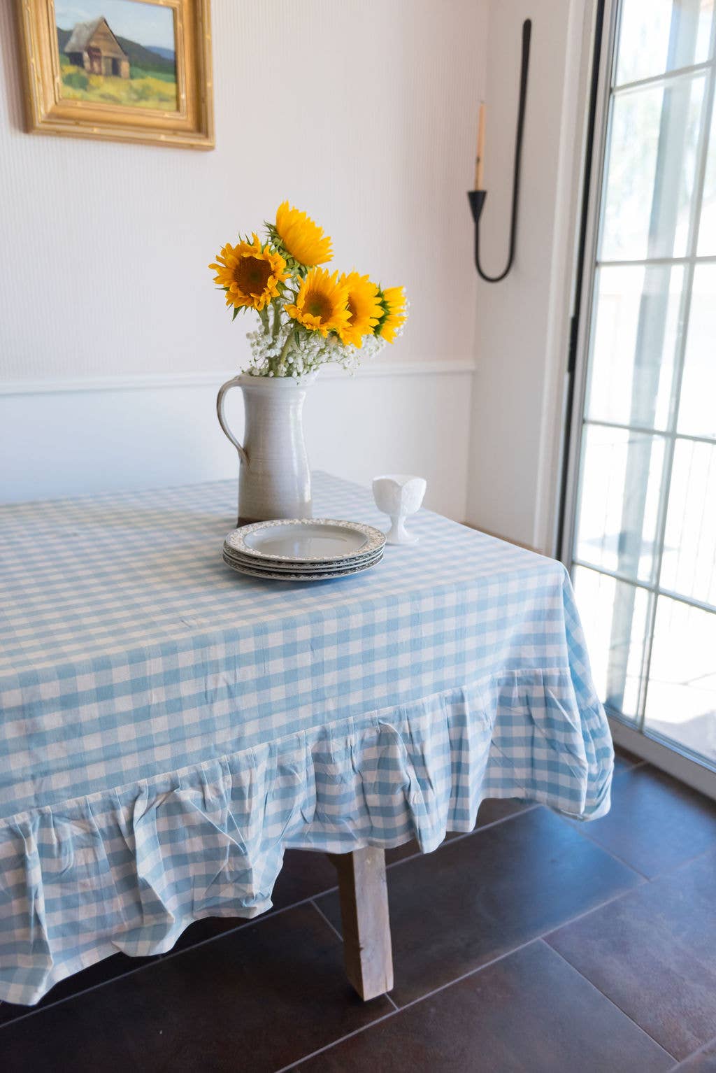 Blue Ruffled Gingham Tablecloth: 60" x 120"