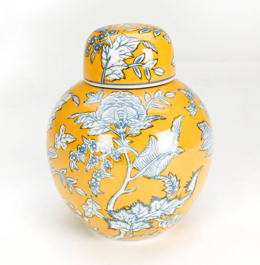 Tropical Leaf Round Jar, Yellow and Blue