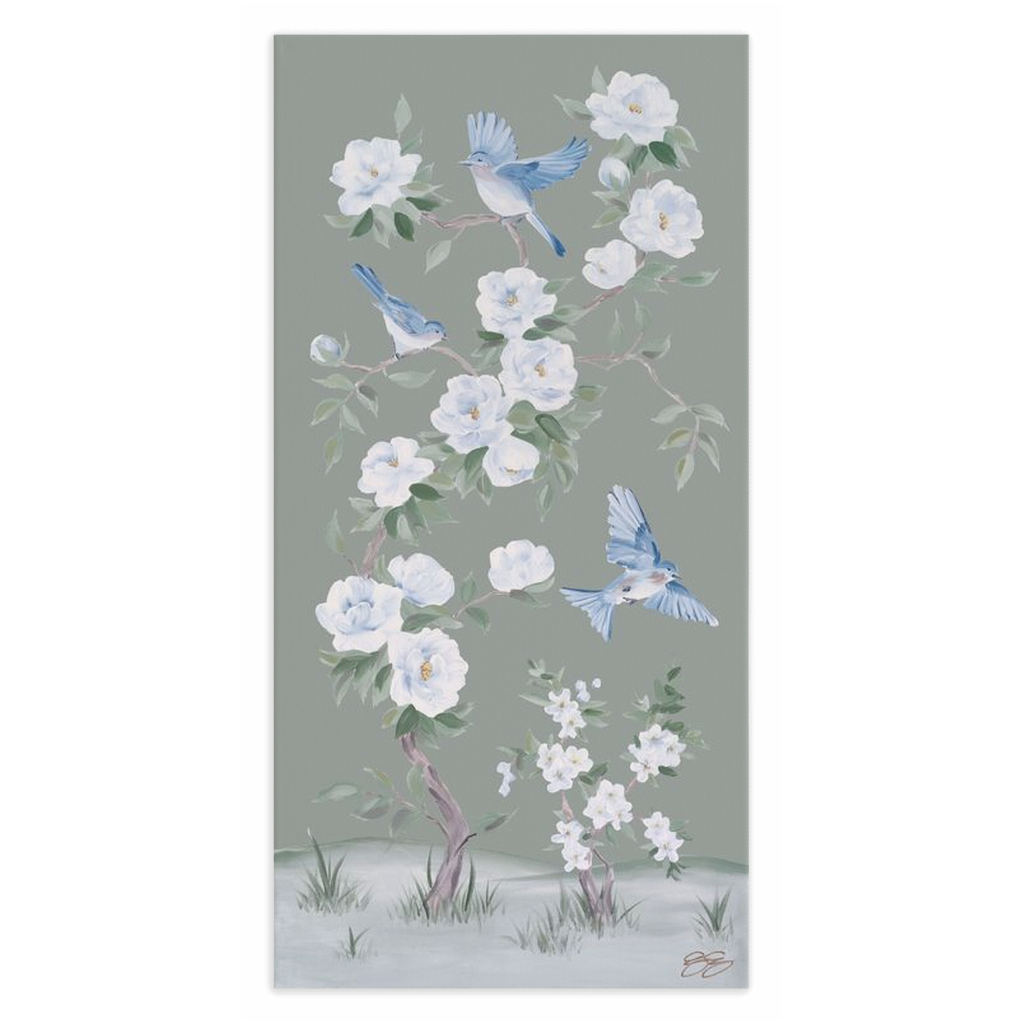 Bluebirds and Peonies, a green chinoiserie canvas wrap: 15x30 inch