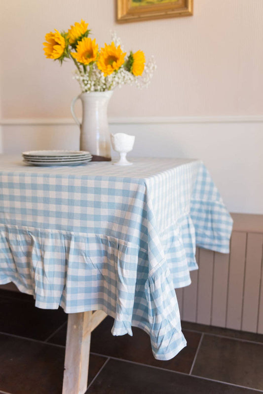 Blue Ruffled Gingham Tablecloth: 60" x 120"