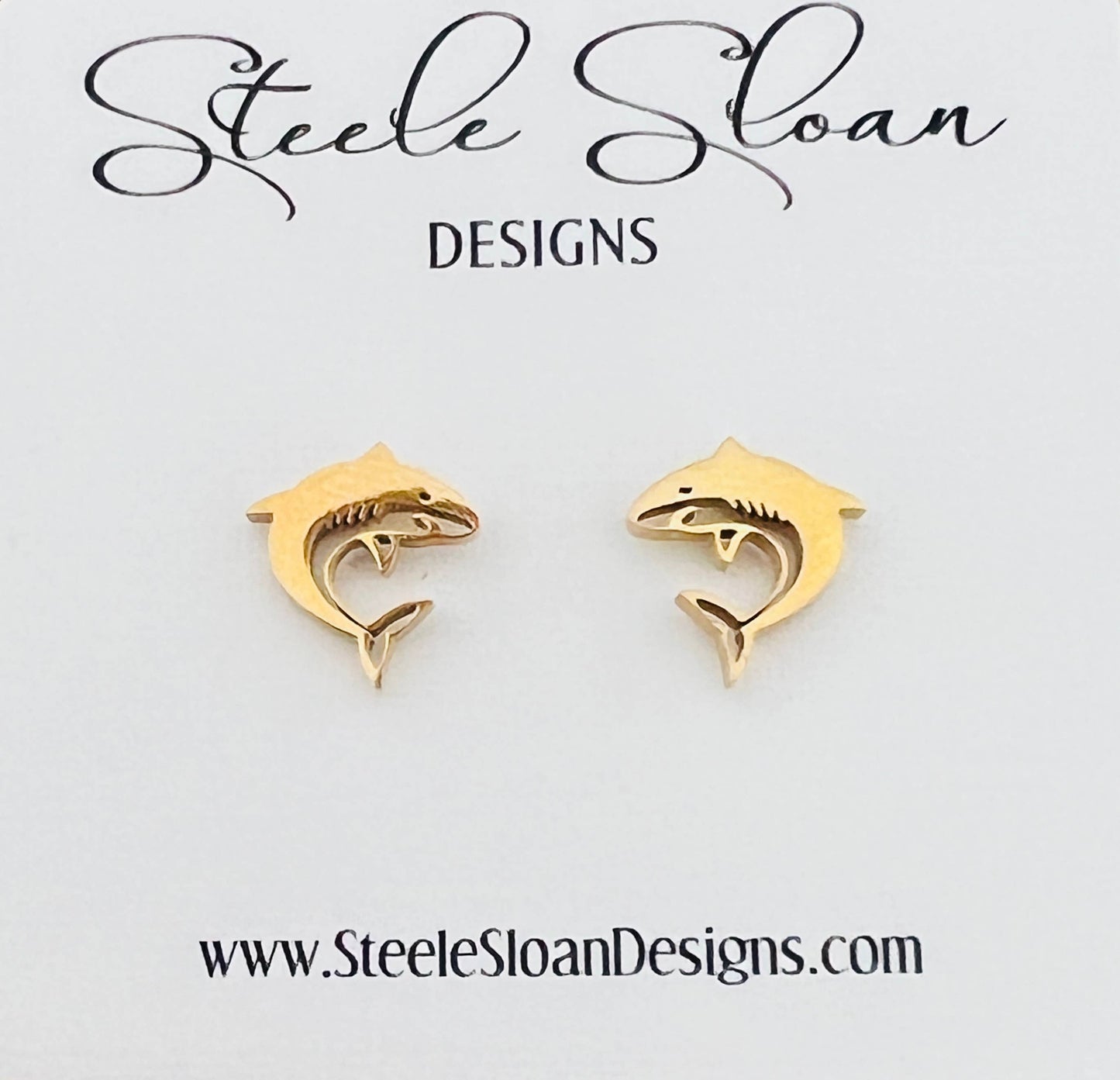 Go Sharks! Cute Shark Gold Stud Earrings - Shark Gift