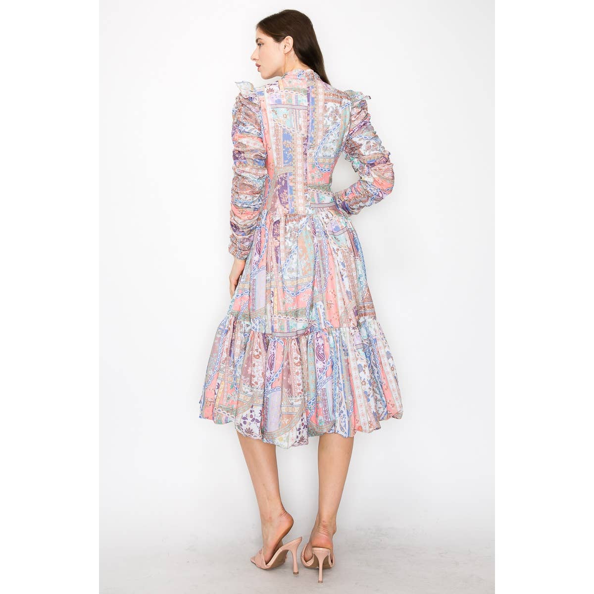 Floral Buttons Ruched Sleeves Midi Dress: MULTI / L