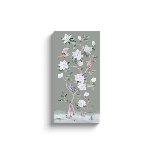 Songbirds and Magnolias, a green chinoiserie canvas wrap: 15x30 inch