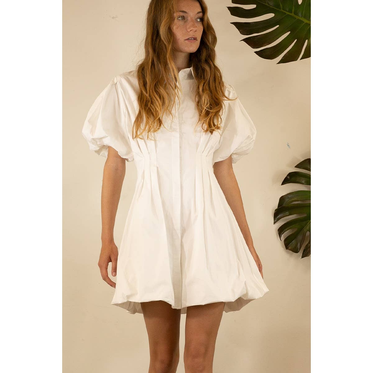 BALLOON PUFF MINI DRESS: WHITE / L