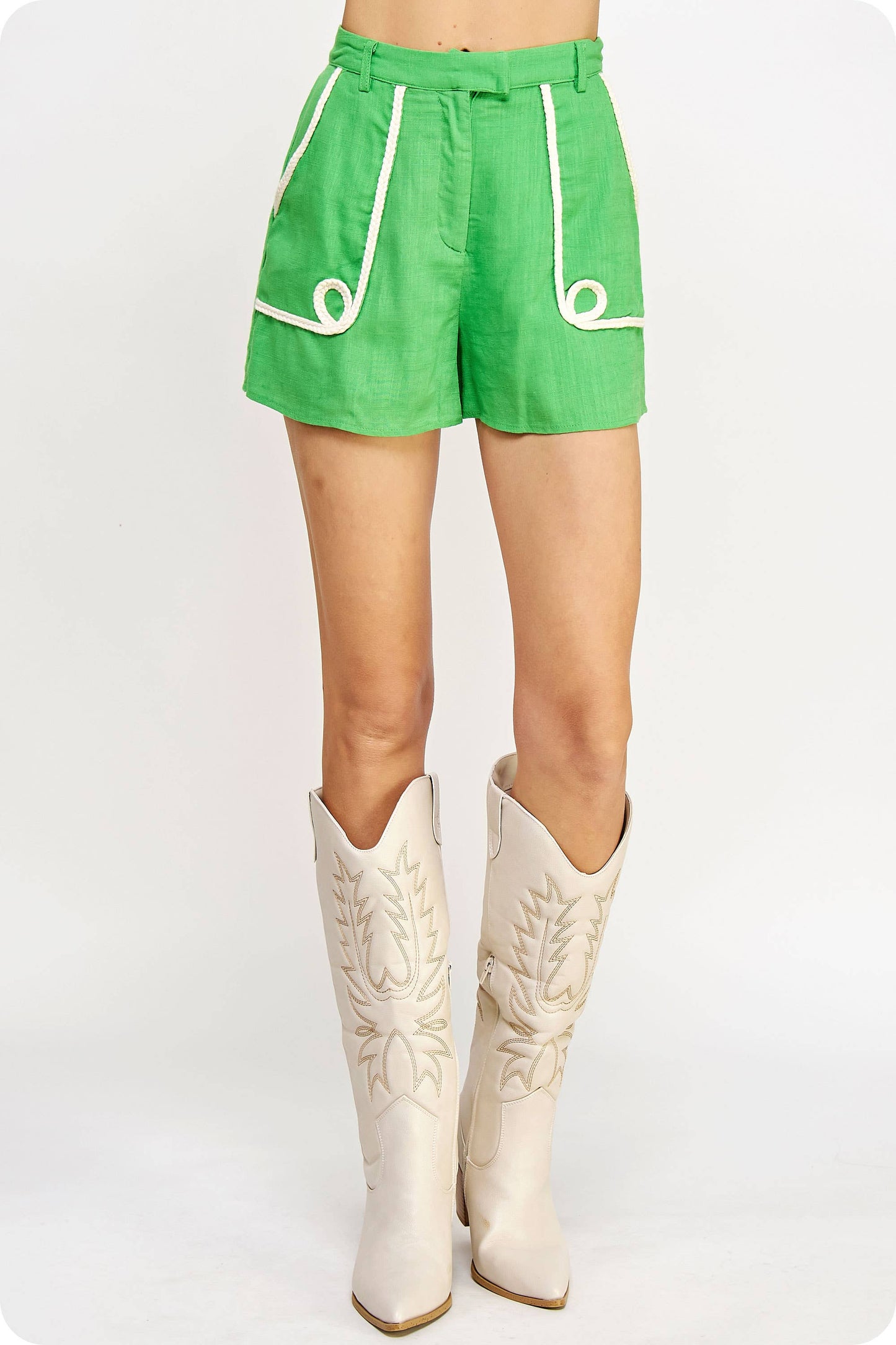 Braid Trim Detail Linen Shorts: Vibrant Green / L