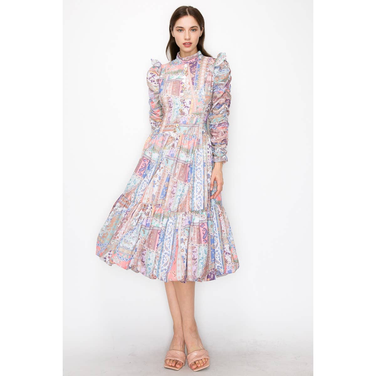 Floral Buttons Ruched Sleeves Midi Dress: MULTI / L