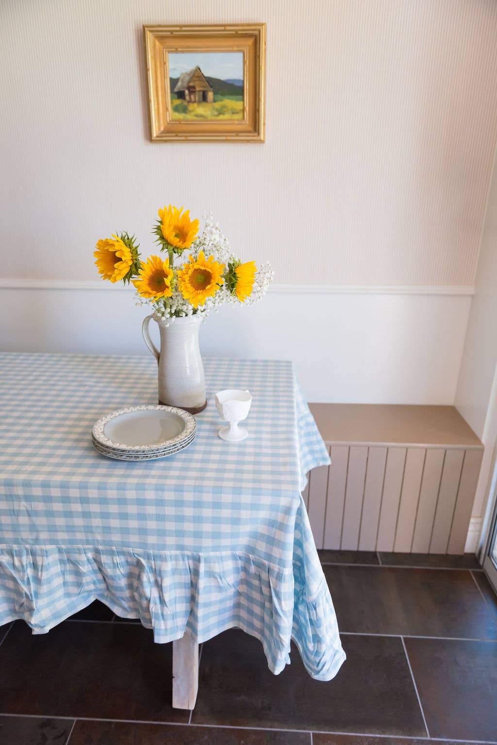 Blue Ruffled Gingham Tablecloth: 60" x 120"