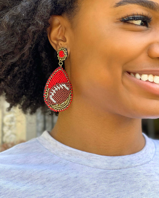 Red/Gold Beaded Football Earrings