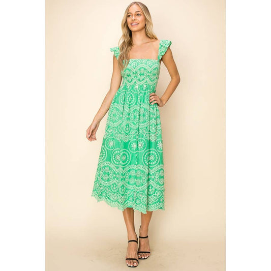 Sleeveless Openwork Embroidered eyelet midi Dress: S / GREEN