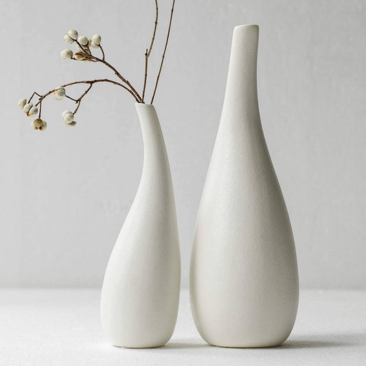 Set 2 Ceramic Vase White Modern Bud Vase Decor, Fire Mantle