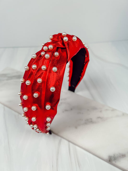 Abbie Pearl Studded Headband METALLIC RED